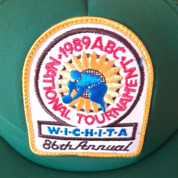 Vintage 1989 ABC National Bowling Tournament Wichita Green 3 Stripe Trucker Hat - Picture 8 of 12